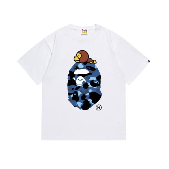 White BAPE T-Shirt with Blue Camo Ape Head and Baby Milo Print